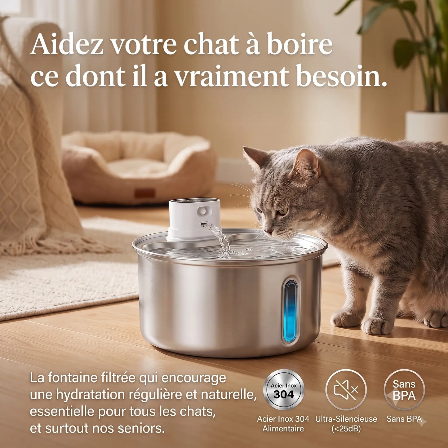 Fontaine inox sans fil — L'hydratation que votre chat mérite